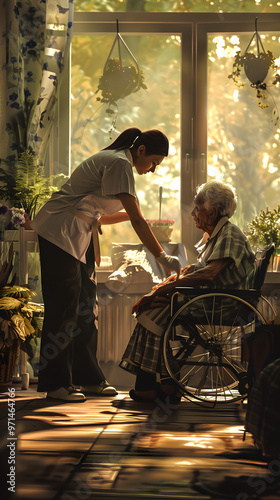 A nurse cares for an elderly patient with compassion
