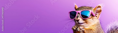 A playful squirrel wearing tiny sunglasses on a vibrant purple background