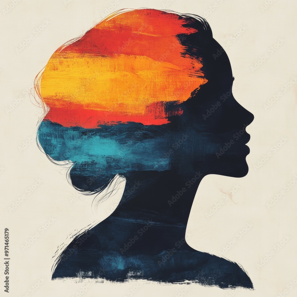 Abstract Woman Silhouette with Sunset Brushstrokes Abstract Woman Silhouette with Sunset Brushstrokes