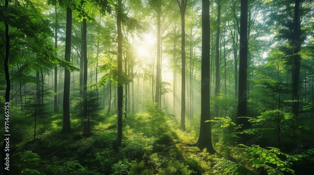 Fototapeta premium Sunbeams Through a Lush Forest - Nature Photography