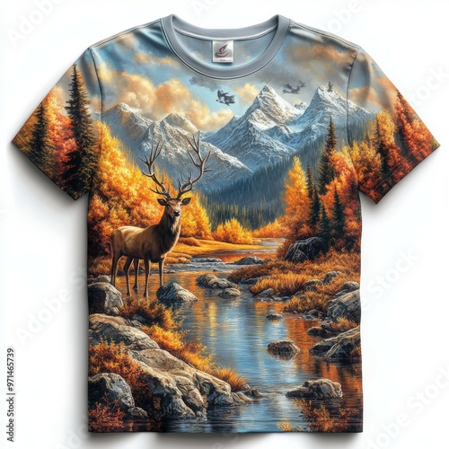 Mountain Deer T Shirt Design with River and Autumn Forest photo