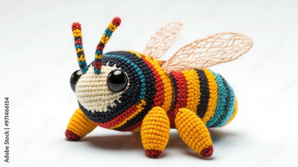 A cute knitted bee, part of a handmade toy set, displayed on a white background. The amigurumi striped insect features intricate stitching and bright colors, perfect for a playful scene. A cute knitted bee, part of a handmade toy set, displayed on a white background. The amigurumi striped insect features intricate stitching and bright colors, perfect for a playful scene.