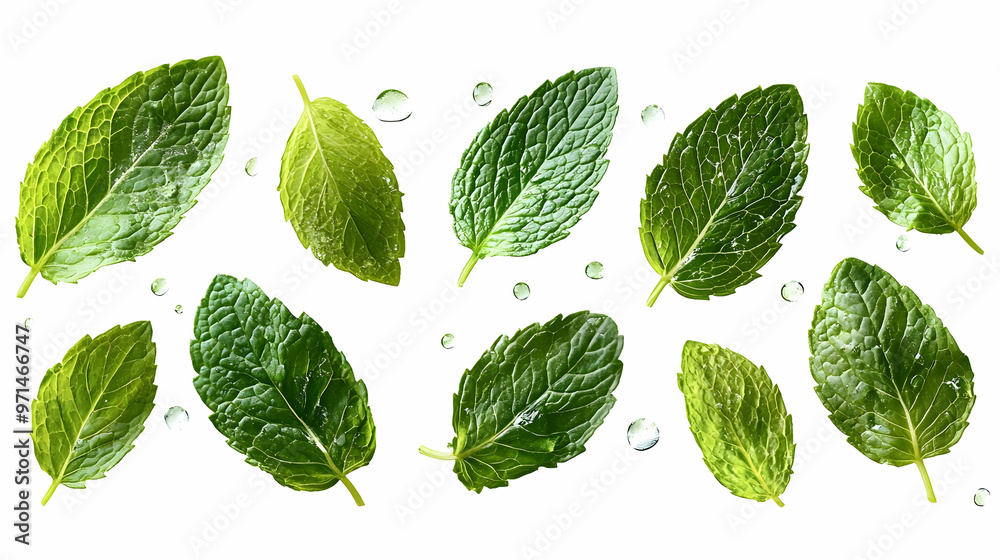 A collection of fresh mint leaves arranged with water droplets for a refreshing look. A collection of fresh mint leaves arranged with water droplets for a refreshing look.