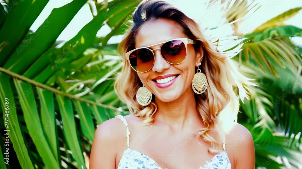 Smiling woman in sunglasses enjoying a sunny day amidst lush greenery