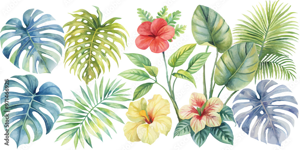 A set of exotic tropical leaves and flowers of plumeria hibiscus strelitzia A set of exotic tropical leaves and flowers of plumeria hibiscus strelitzia