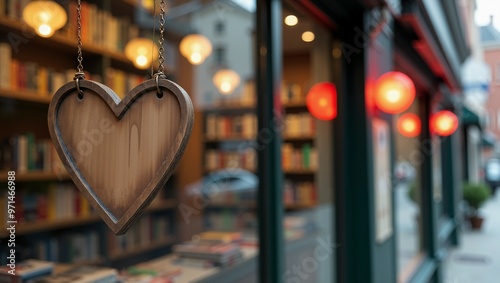 Wooden Heart shape sign Hanging in Bookstore Window, signboard for logo