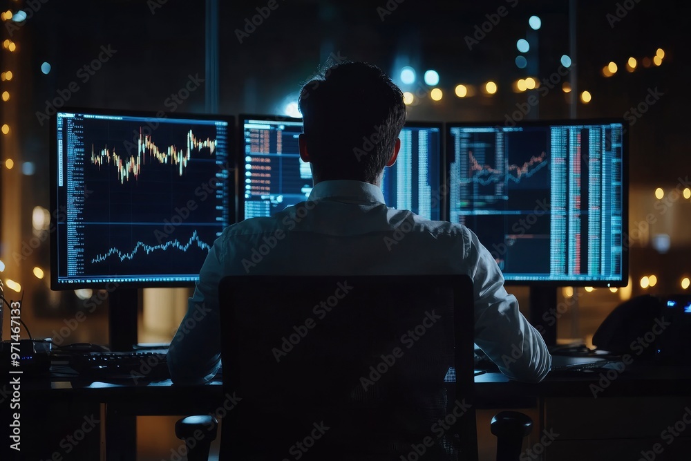 Rear view of businessman looking at monitor with stock market chart at night. Side view of young businessman sitting at desk and looking at monitors with forex chart on screen, with generative ai Rear view of businessman looking at monitor with stock market chart at night. Side view of young businessman sitting at desk and looking at monitors with forex chart on screen, with generative ai