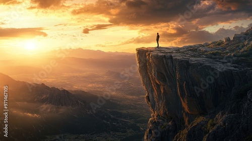 A person stands on a cliff edge at sunset, overlooking a vast landscape, symbolizing courage to step into the unknown.