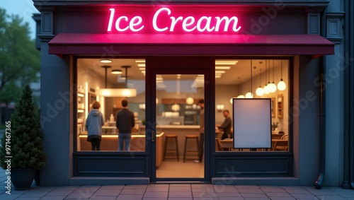 Ice Cream Shop Facade with Neon Sign and Blank Poster