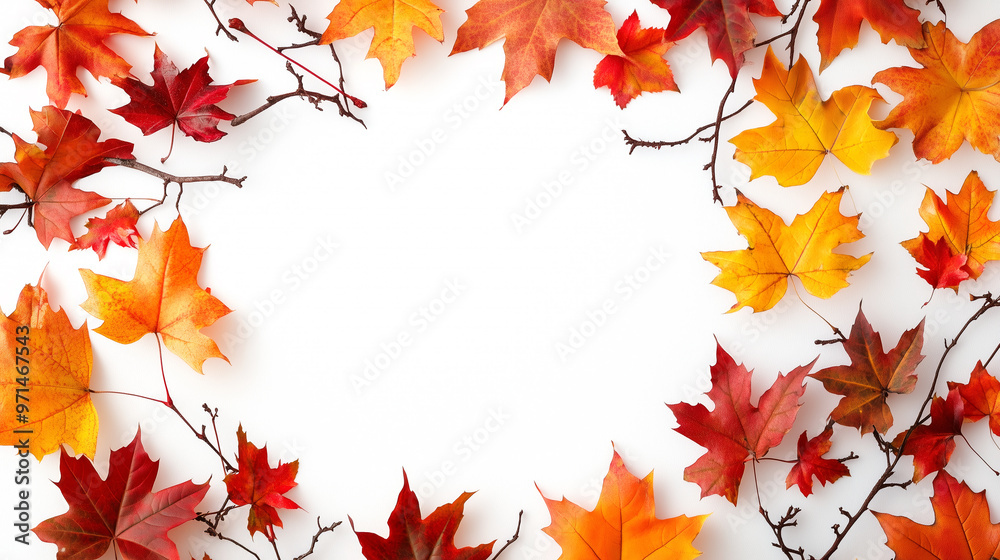Backdrop frame of colorful fall twigs and leaves isolated on white, copy space Backdrop frame of colorful fall twigs and leaves isolated on white, copy space