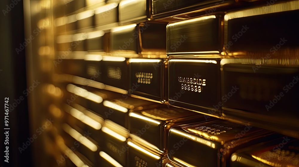 A detailed shot of perfectly stacked gold bars, shining in a vault. The barsae engraved markings reflect wealth, luxury, and investment security A detailed shot of perfectly stacked gold bars, shining in a vault. The barsae engraved markings reflect wealth, luxury, and investment security