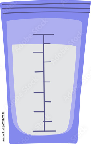 Breast milk storage bag, a reusable or disposable container for storing pumped breast milk, features measurement markings