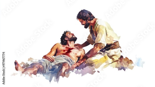 The Parable of the Good Samaritan with the Samaritan helping the injured man, illustrated in watercolor style on a pure white background.