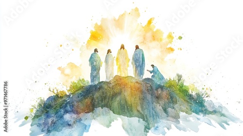 The Transfiguration of Jesus on the mountain with Moses and Elijah, illustrated in watercolor style on a pure white background.
