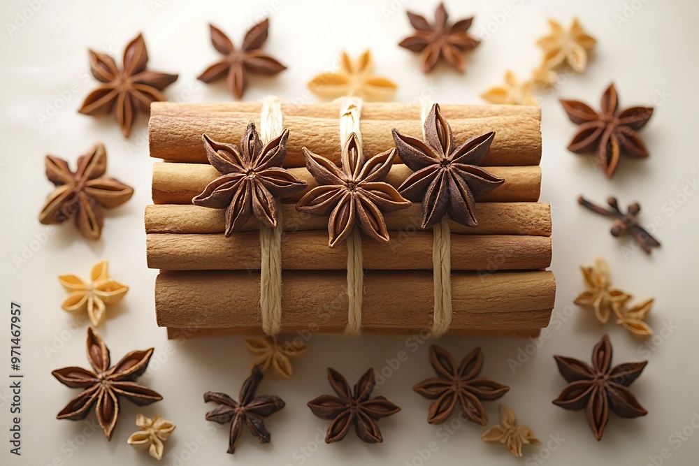 Fototapeta premium Cinnamon sticks tied with twine and star anise arranged on white background