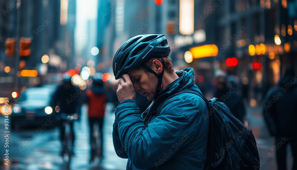A man adjusting his bike helmet on the side of a busy street, pedestrians walking past him A man adjusting his bike helmet on the side of a busy street, pedestrians walking past him