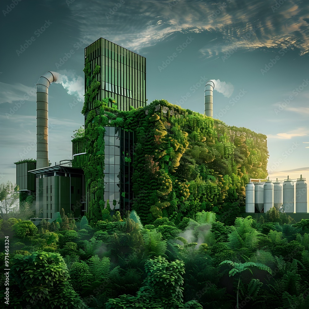 Fototapeta premium Biomass Power Station Surrounded by Lush Greenery Harnessing Renewable Energy from Organic Waste