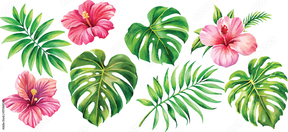 Fototapeta premium A set of exotic tropical leaves and flowers of plumeria hibiscus strelitzia