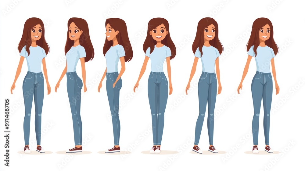 Obraz premium happy girl on a white background, cute woman in casual clothes in different poses