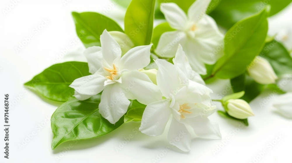 Delicate White Jasmine Flowers with Green Leaves Delicate White Jasmine Flowers with Green Leaves