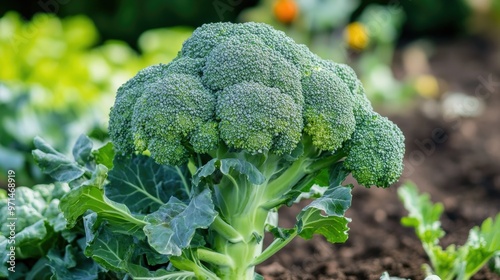 A flourishing broccoli plant in a vegetable patch, its dense green florets part of the Brassica oleracea species, known for cabbage and cauliflower as well