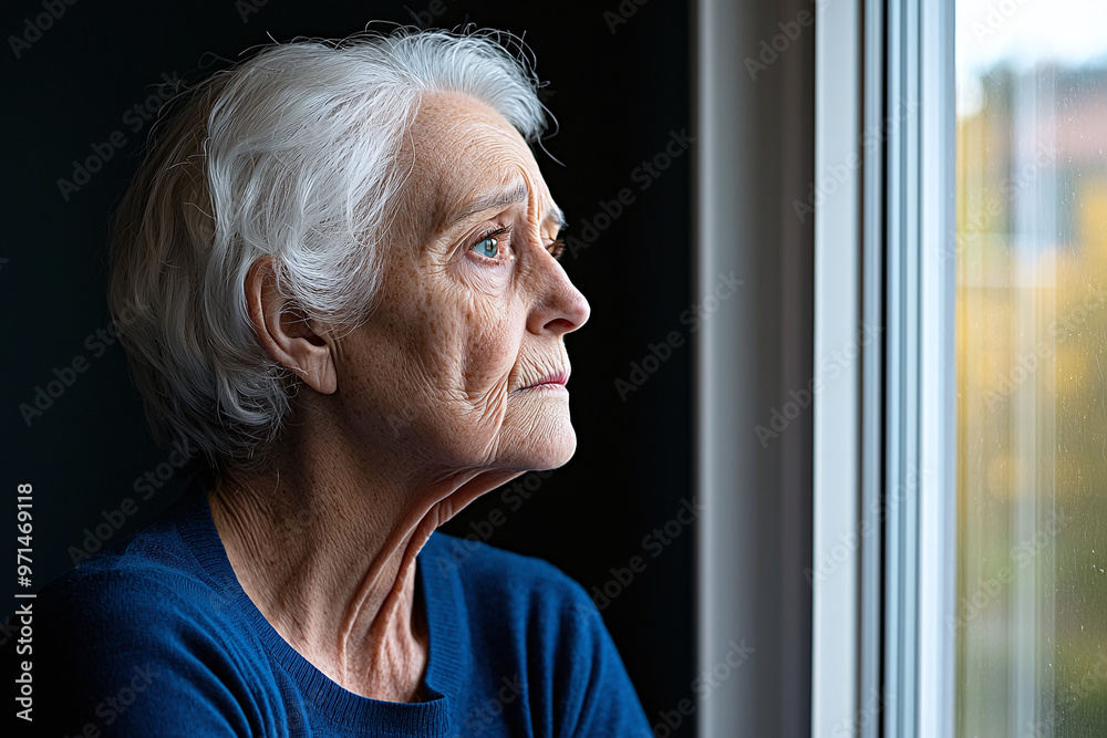 an elderly woman looking out of a window in a care facility, her posture and expression conveying loneliness and sadness an elderly woman looking out of a window in a care facility, her posture and expression conveying loneliness and sadness