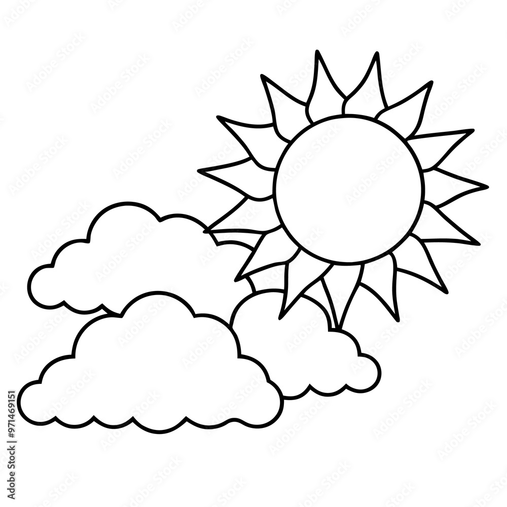 sun with clouds outline coloring book page line art drawing sun with clouds outline coloring book page line art drawing