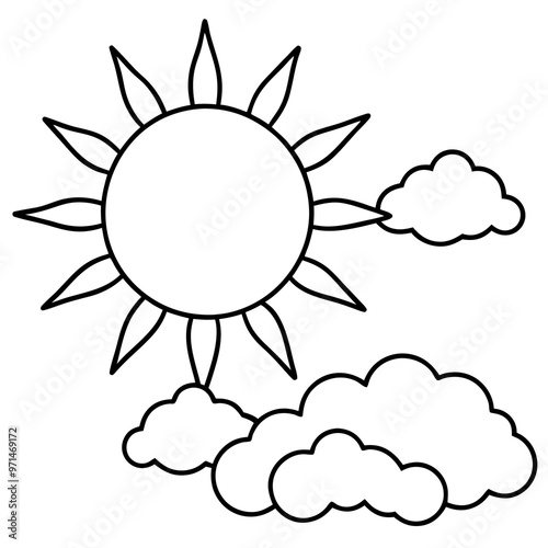 sun with clouds outline coloring book page line art drawing