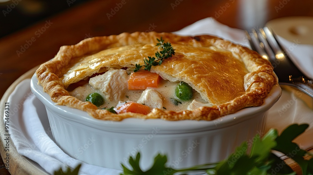A freshly baked chicken pot pie with a crisp, flaky pastry crust, filled with tender chicken, vegetables, and a creamy sauce. Comfort food at its finest A freshly baked chicken pot pie with a crisp, flaky pastry crust, filled with tender chicken, vegetables, and a creamy sauce. Comfort food at its finest