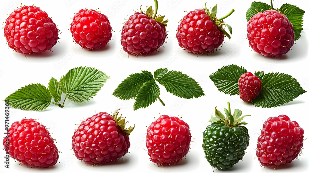 A collection of red and green raspberries with leaves, showcasing their natural beauty. A collection of red and green raspberries with leaves, showcasing their natural beauty.