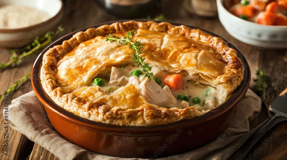 A freshly baked chicken pot pie with its golden, flaky pastry filled with diced chicken, vegetables, and a creamy sauce. A delicious and comforting savory dish A freshly baked chicken pot pie with its golden, flaky pastry filled with diced chicken, vegetables, and a creamy sauce. A delicious and comforting savory dish