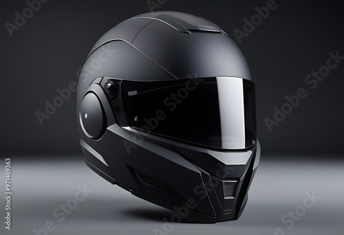 Black motorcycle helmet isolated on gray background Mockup 3D rendering
 photo