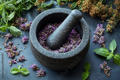 Traditional Chinese mortar and pestle with dried herbs on a dark background