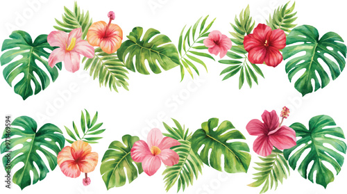 A set of exotic tropical leaves and flowers of plumeria hibiscus strelitzia