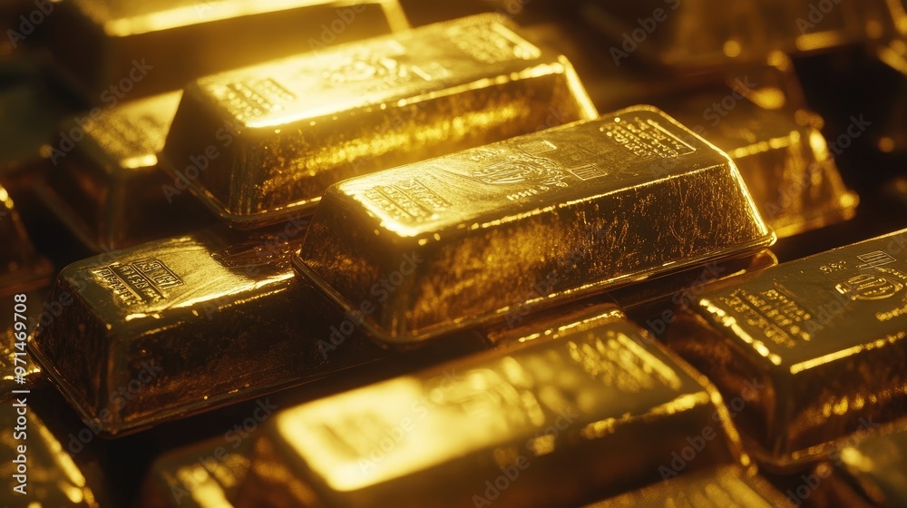 A full stack of gold bars, meticulously arranged, with their polished surfaces reflecting light. The bars exude an aura of opulence and financial success A full stack of gold bars, meticulously arranged, with their polished surfaces reflecting light. The bars exude an aura of opulence and financial success