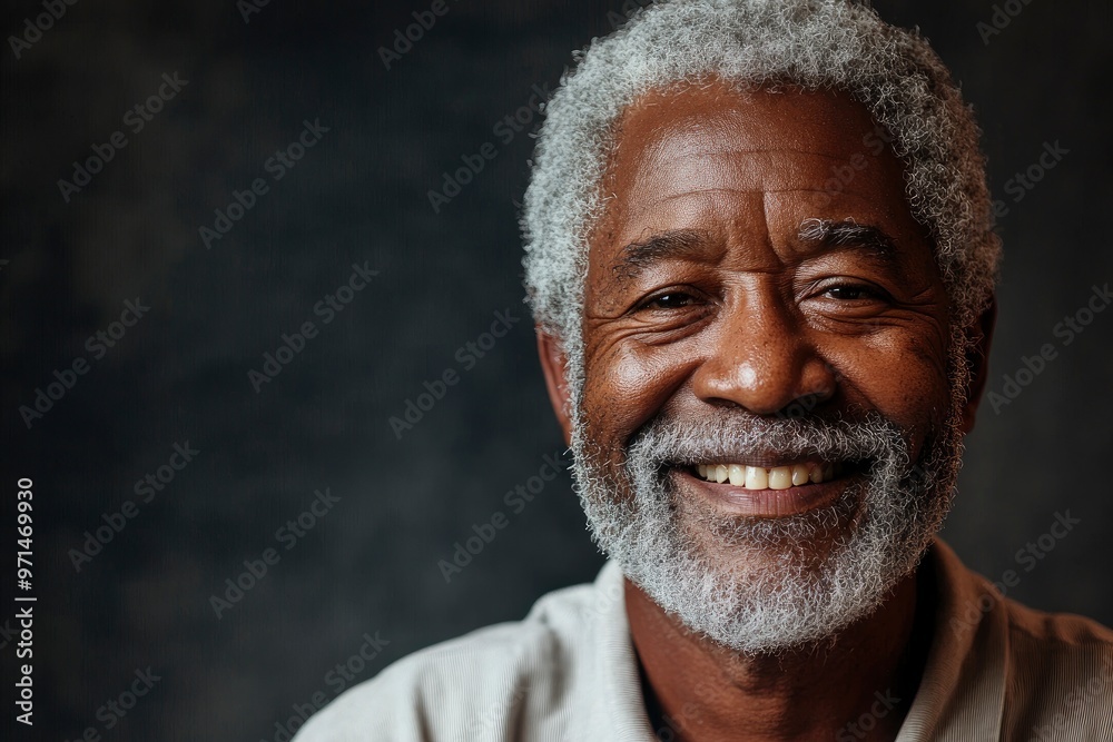 Smiling senior African-American man portrait. A close-up portrait of a smiling elderly African-American man with salt-and-pepper hair and beard against a dark background with generative ai Smiling senior African-American man portrait. A close-up portrait of a smiling elderly African-American man with salt-and-pepper hair and beard against a dark background with generative ai
