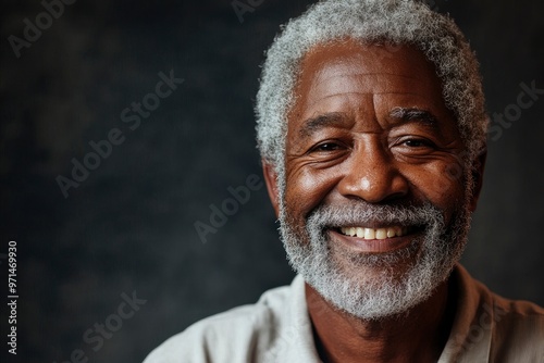 Smiling senior African-American man portrait. A close-up portrait of a smiling elderly African-American man with salt-and-pepper hair and beard against a dark background with generative ai