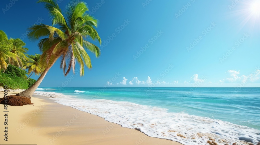 Obraz premium Tropical Beach Paradise: Palm Trees, White Sand & Azure Water