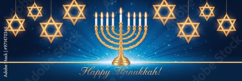 Vibrant Hanukkah Scene with Golden Menorah and Stars of David, widescreen photo