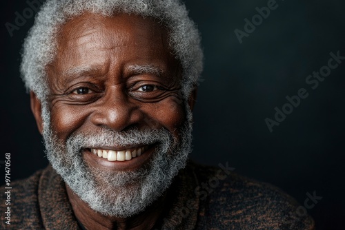 Smiling senior African-American man portrait. A close-up portrait of a smiling elderly African-American man with salt-and-pepper hair and beard against a dark background with generative ai