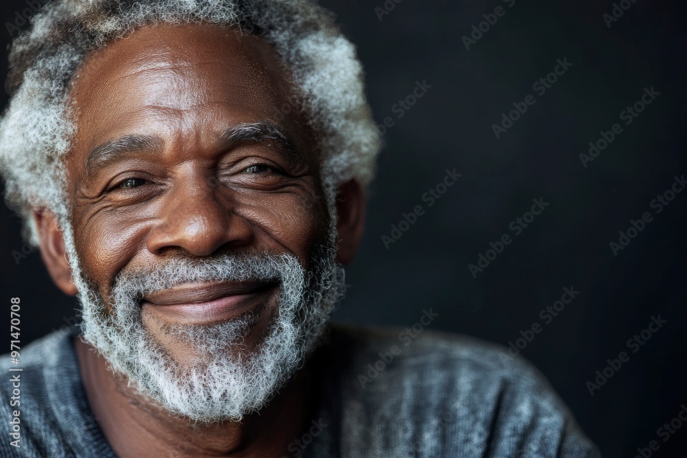 Smiling senior African-American man portrait. A close-up portrait of a smiling elderly African-American man with salt-and-pepper hair and beard against a dark background with generative ai Smiling senior African-American man portrait. A close-up portrait of a smiling elderly African-American man with salt-and-pepper hair and beard against a dark background with generative ai