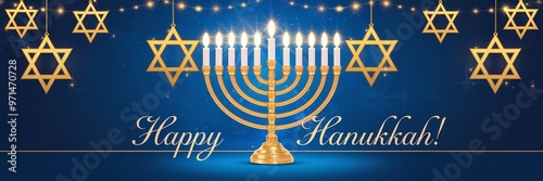 Vibrant Hanukkah Scene with Golden Menorah and Stars of David, widescreen photo