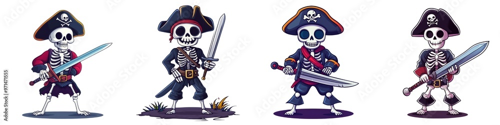 Fototapeta premium Colorful pirate skeletons with swords in various poses, perfect for Halloween or adventure-themed designs.