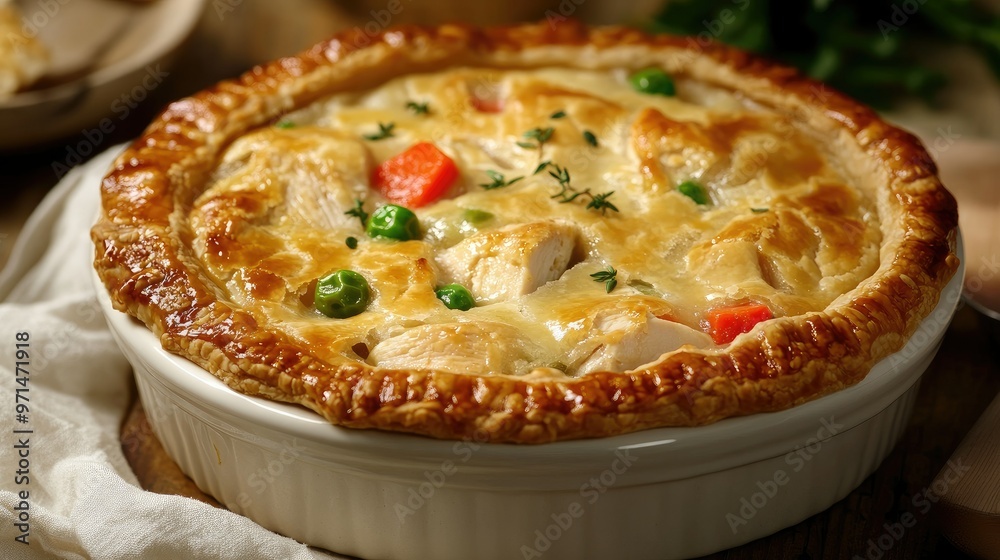 A golden-brown chicken pot pie, with flaky pastry crust, filled with diced chicken, vegetables, and creamy sauce, freshly baked and ready to serve. A hearty comfort meal A golden-brown chicken pot pie, with flaky pastry crust, filled with diced chicken, vegetables, and creamy sauce, freshly baked and ready to serve. A hearty comfort meal