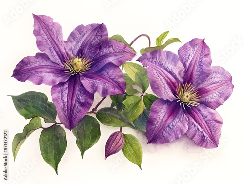 Two purple clematis flowers with green leaves, isolated on a white background.