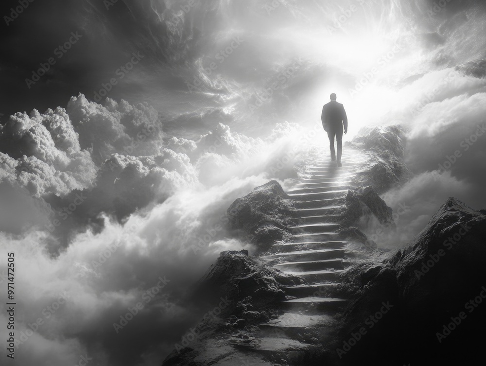 Obraz premium Man Climbs Cloud Stairs