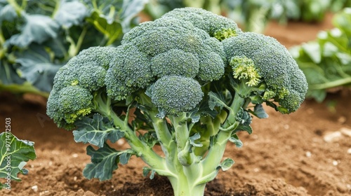 A healthy broccoli plant growing in a field, its deep green florets contrasted against the soil. A member of the Brassica oleracea species, related to cabbage and cauliflower photo