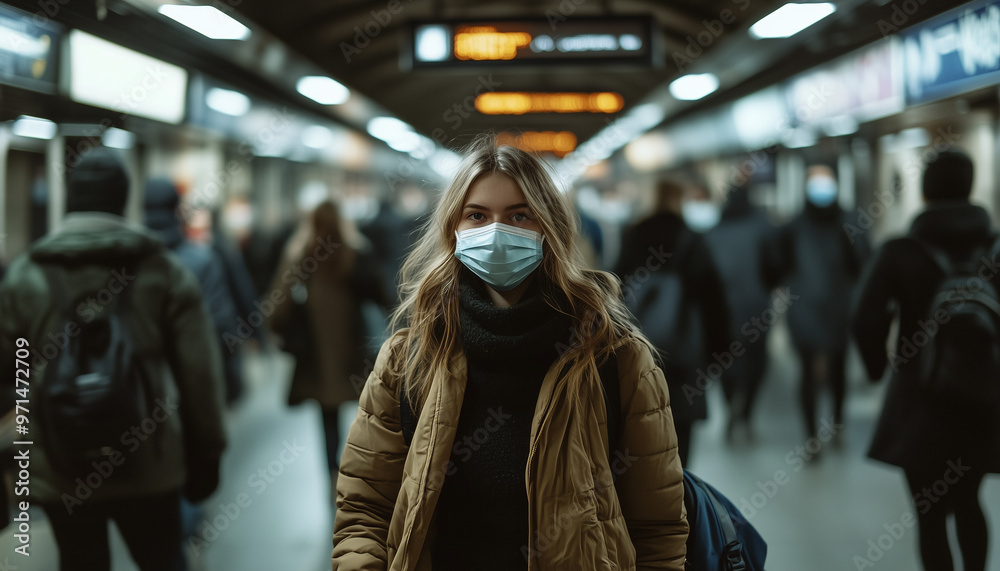 A young woman walking through a crowded subway station, wearing a mask A young woman walking through a crowded subway station, wearing a mask