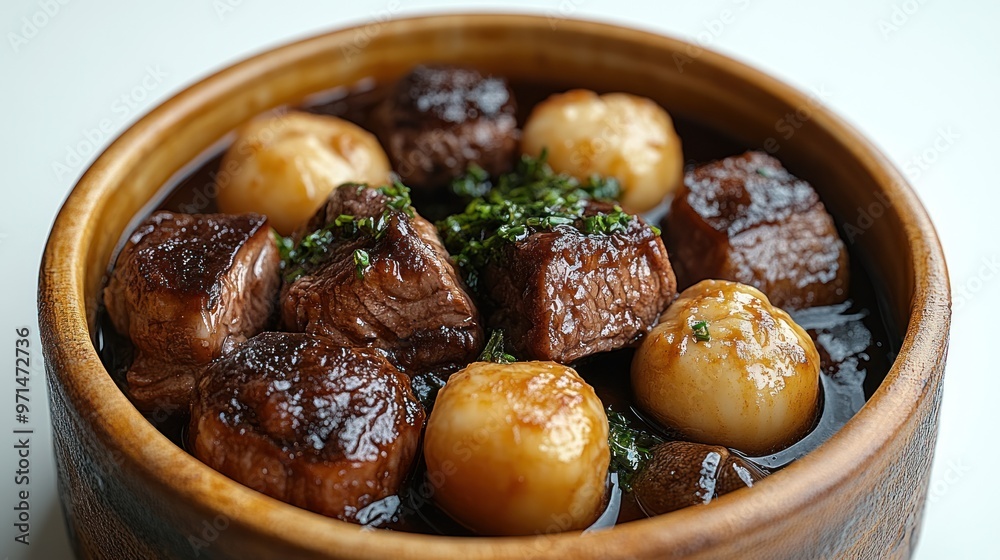 Succulent pieces of beef and flavorful dumplings are served in a rich sauce Succulent pieces of beef and flavorful dumplings are served in a rich sauce