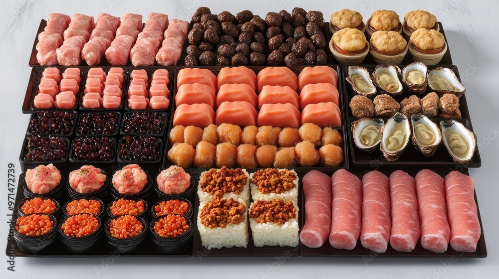 An exquisite selection of sushi and gourmet treats is beautifully presented An exquisite selection of sushi and gourmet treats is beautifully presented